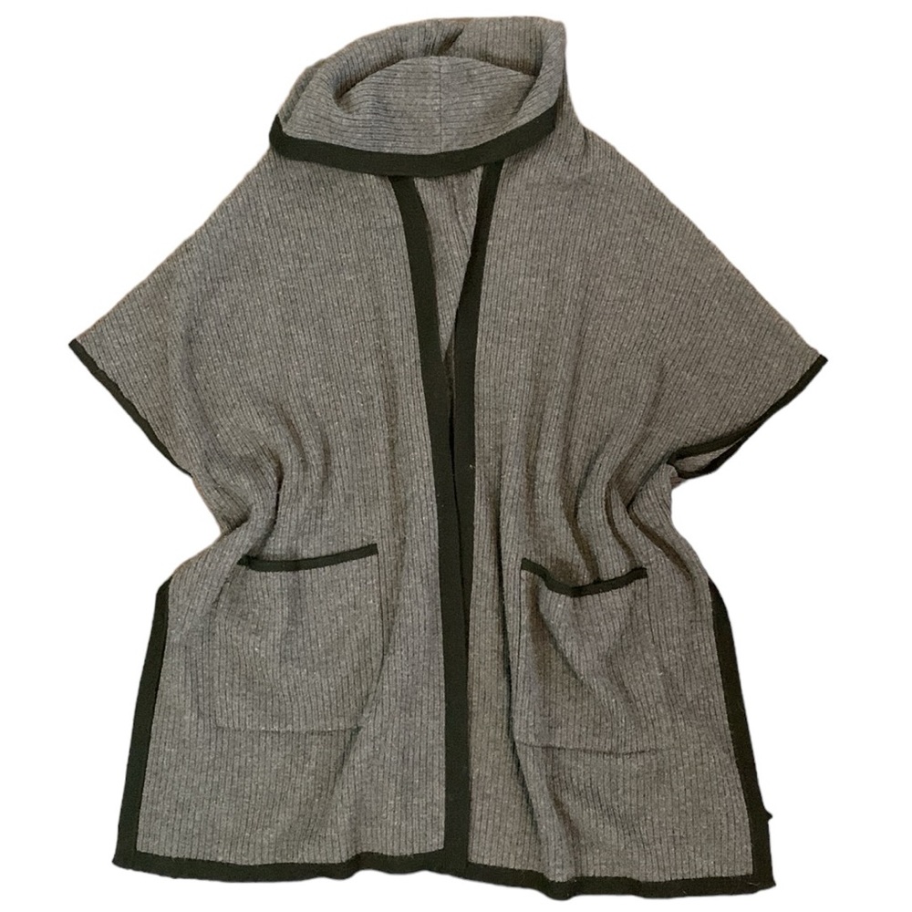 TART MERINO WOOL HOODED CARDIGAN SWEATER VEST REVERSIBLE GRAY BLACK TRIM